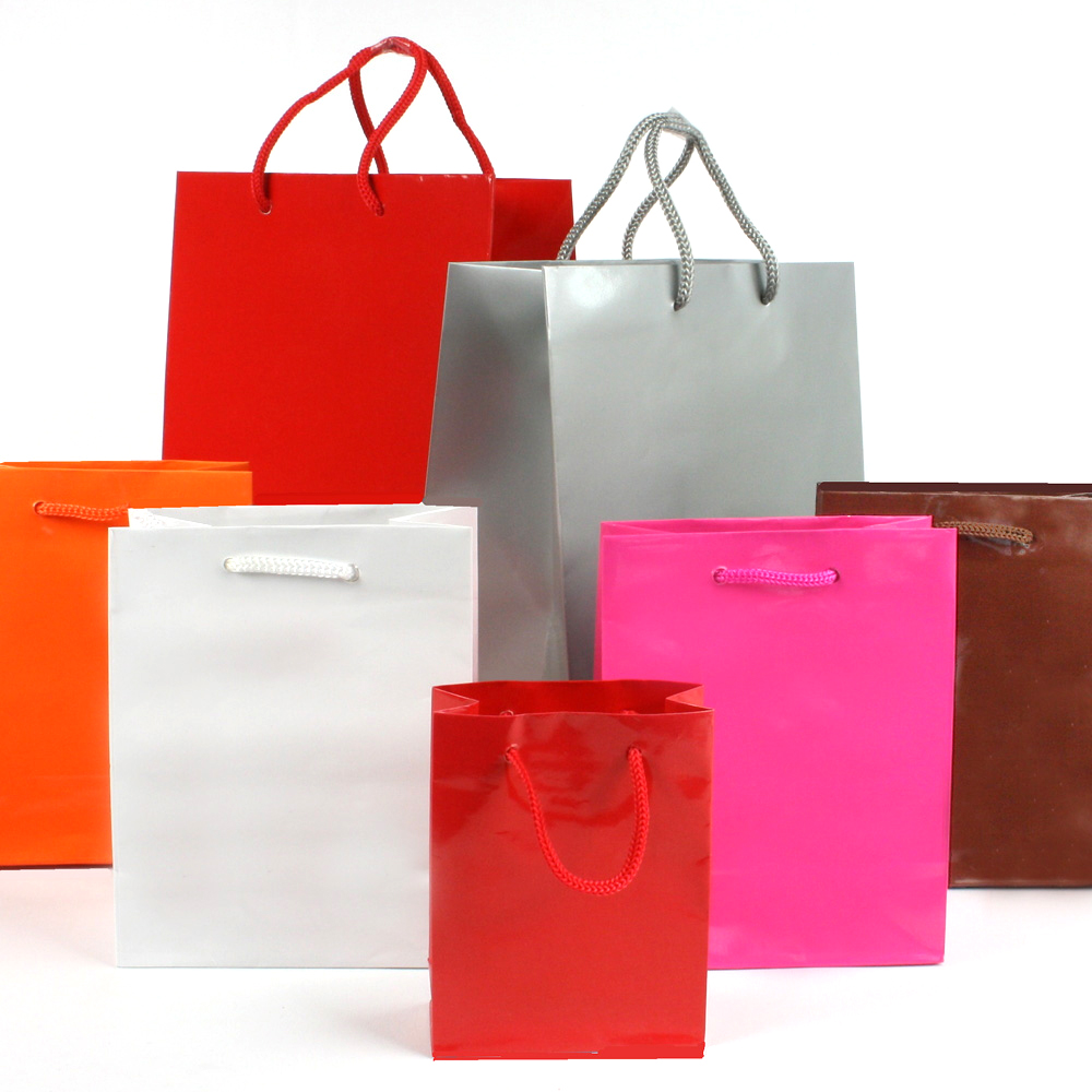 Black gloss paper boutique bags, 18 x 10 x 22.7 cm H, 190 g