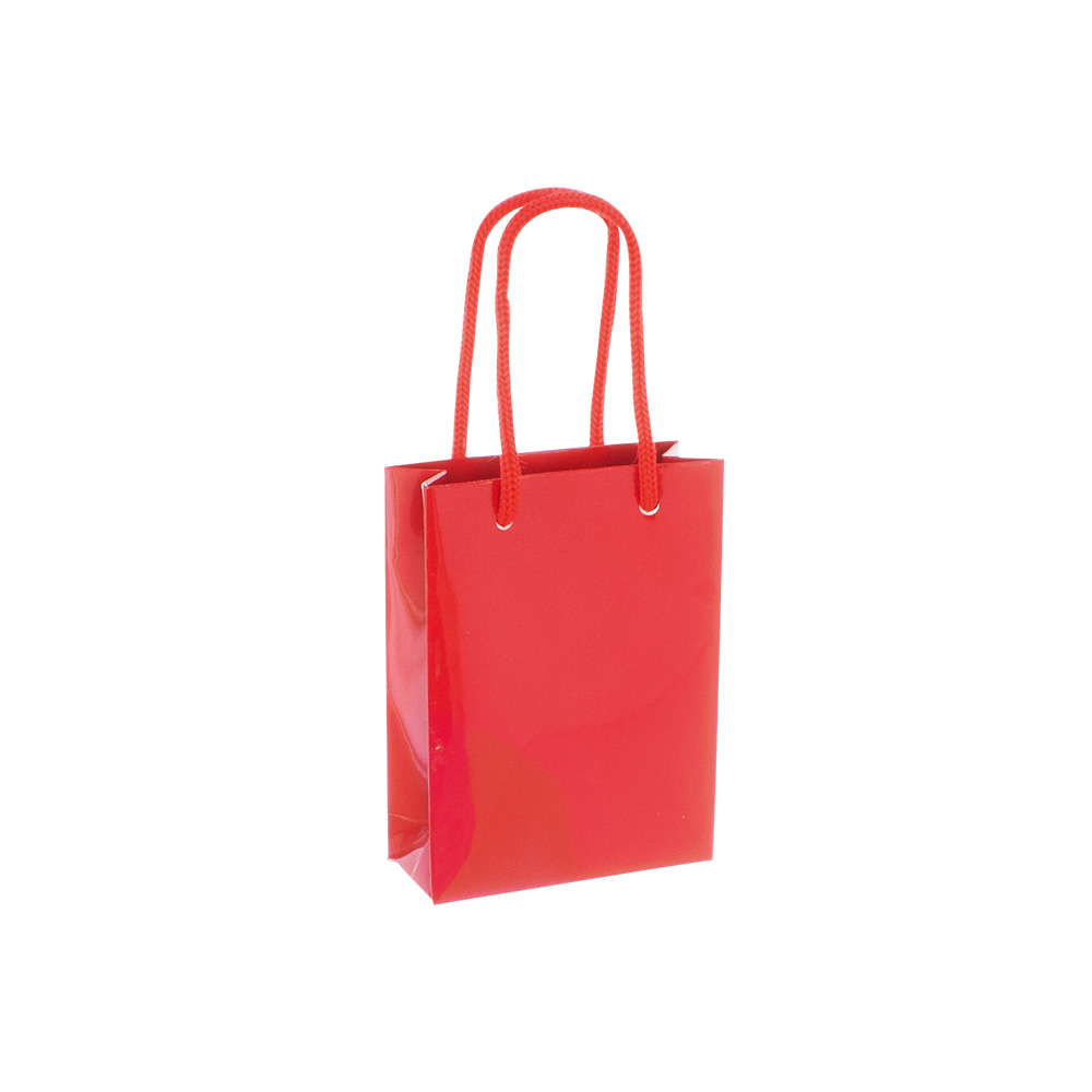 Red gloss paper boutique bags, 8.1 x 3.3 x 10.8 cm H, 190 g