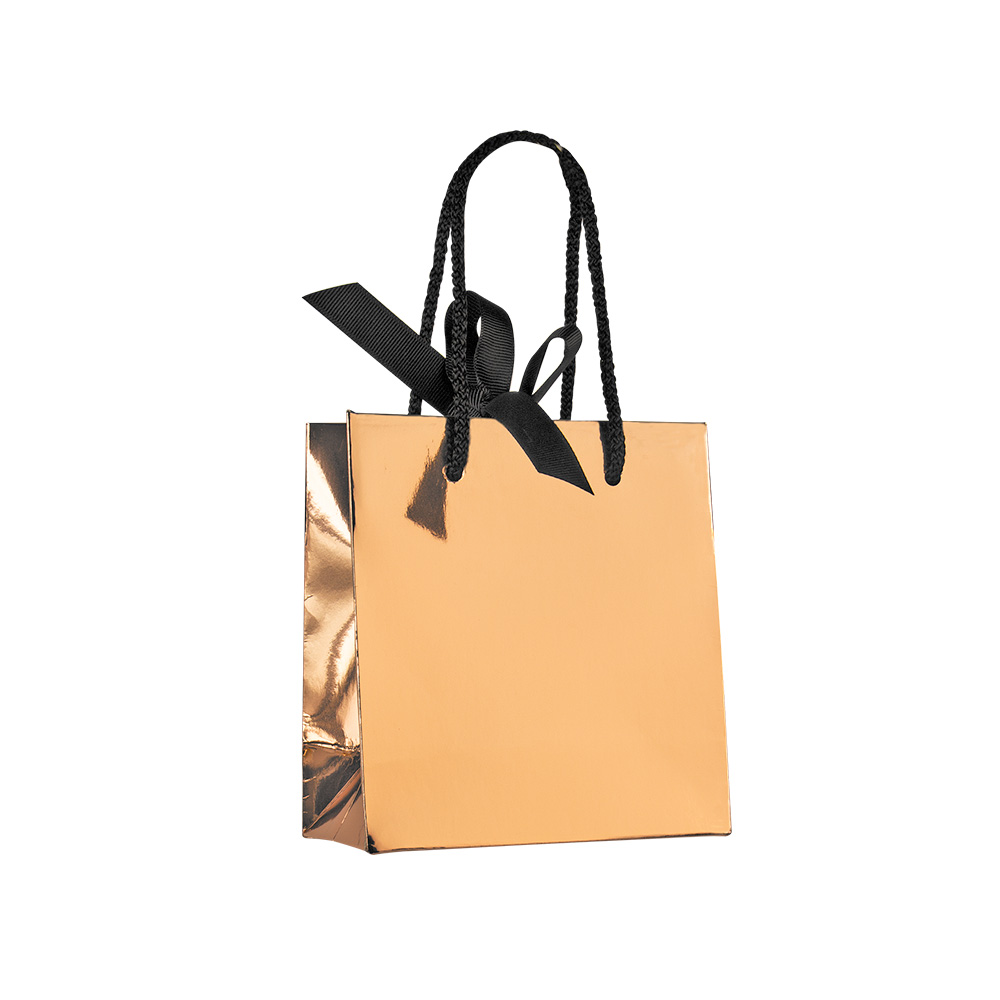 Rose-gold mirror effect paper boutique bag with black ribbon, 14 x 7 x 15 cm, 210 g