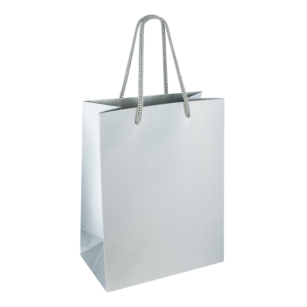 Silver coloured gloss paper boutique bags, 18 x 10 x 22.7 cm H, 190 g