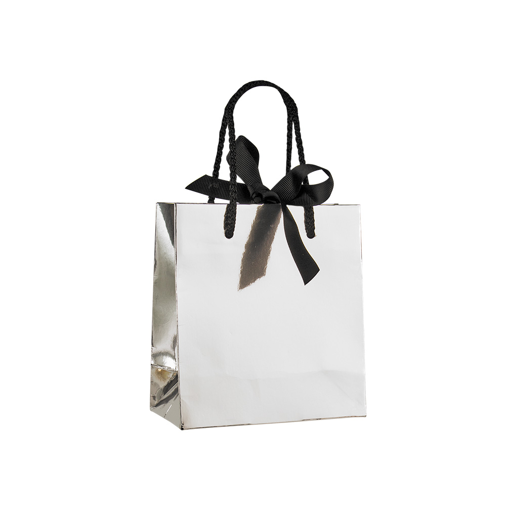 Silver mirror effect paper boutique bag with black ribbon, 14 x 7 x 15 cm, 210 g