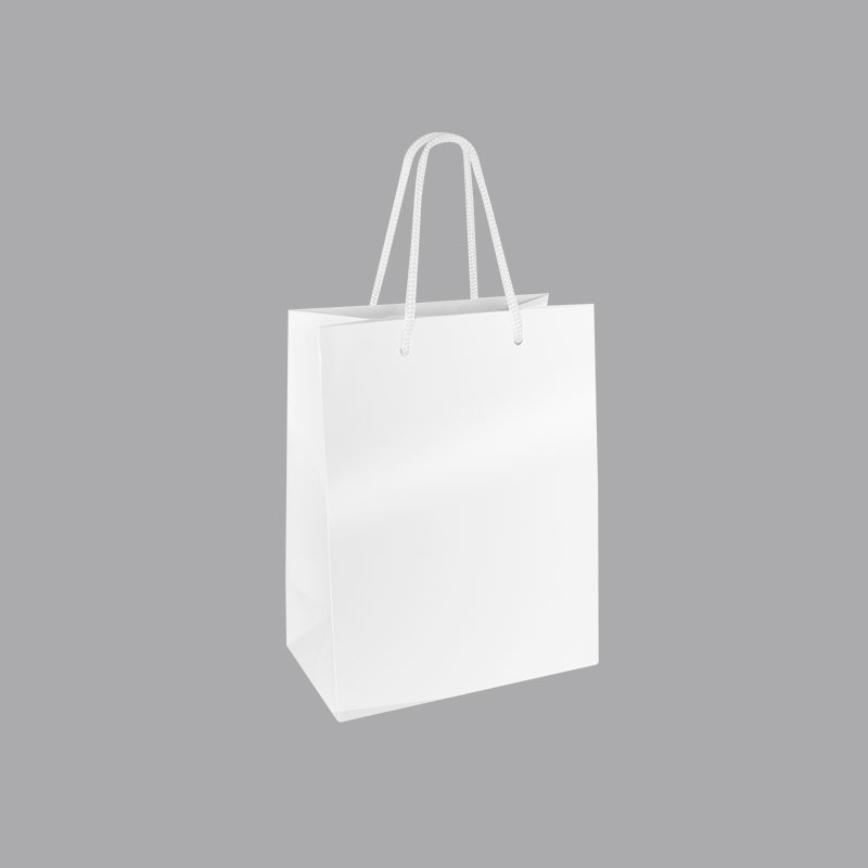 Tall white laminated boutique paper bags, 18 x 10 x 22.7 cm H, 190g