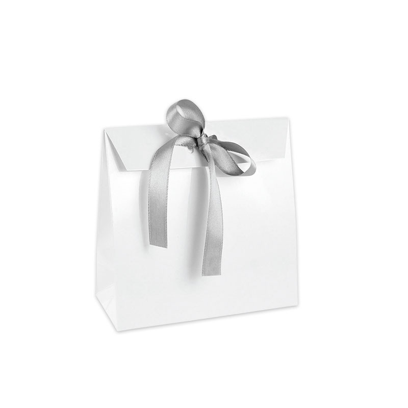 Glossy white paper stand-up bags with silver-coloured ribbon tie, 190 g - 14.5 x 6.5 x 14.5 cm tall