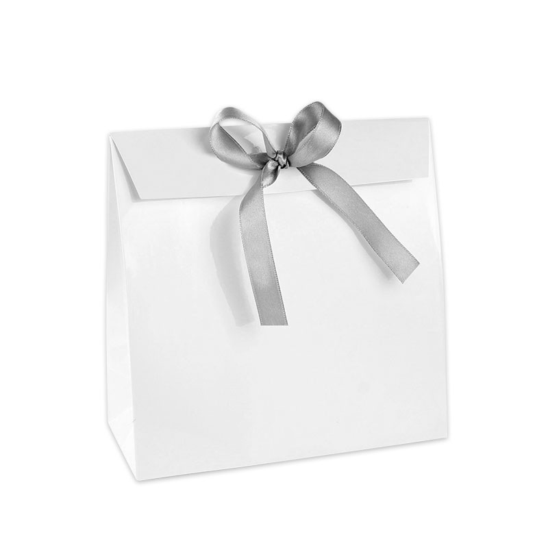Glossy white paper stand-up bags with silver-coloured ribbon tie, 190 g - 18.5 x 8 x 18.5 cm tall