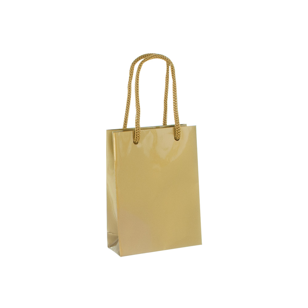 Gold coloured gloss paper boutique bags, 8.1 x 3.3 x 10.8 cm H, 190 g
