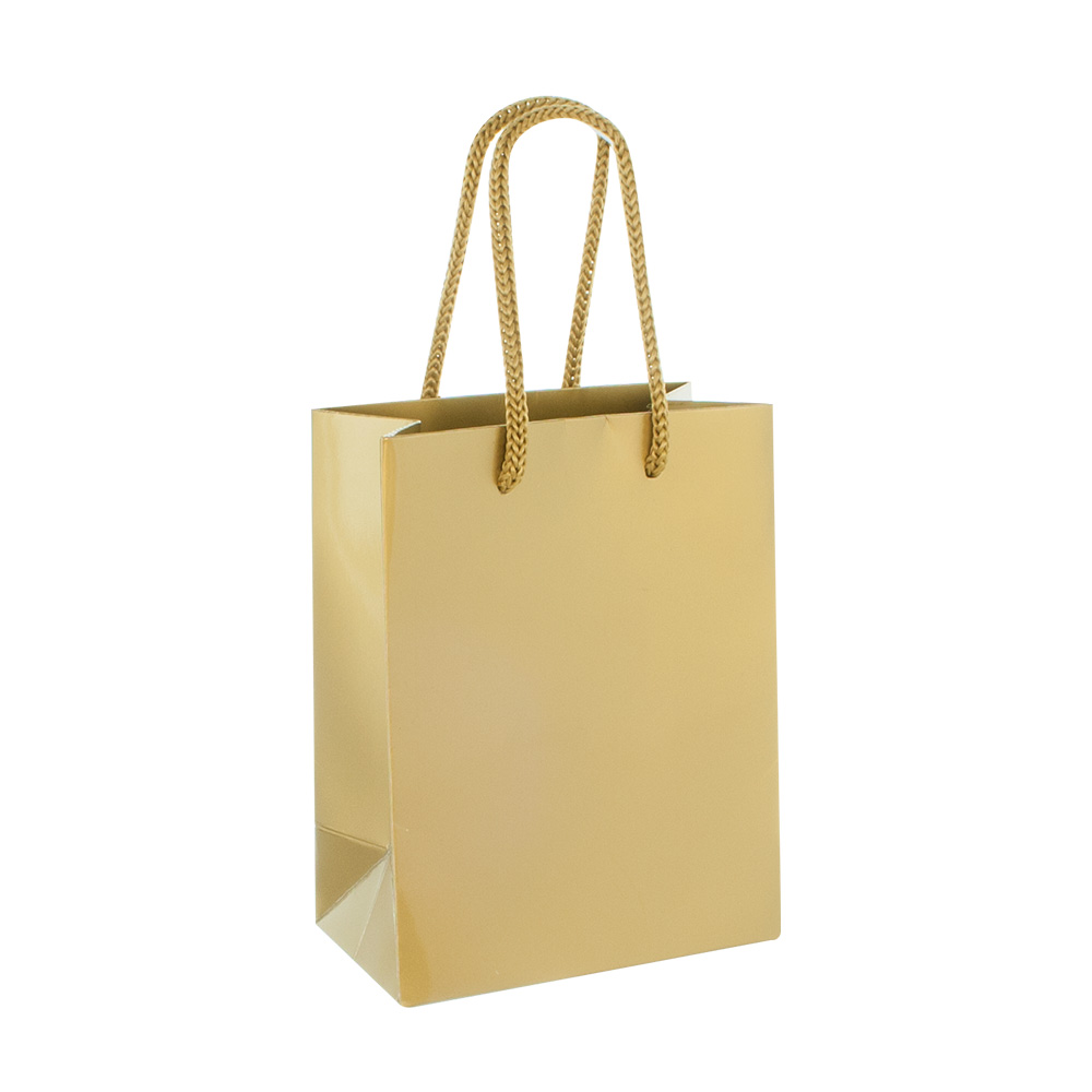 Gold coloured gloss paper boutique bags, 11.4 x 6.4 x 14.6 cm H, 190 g