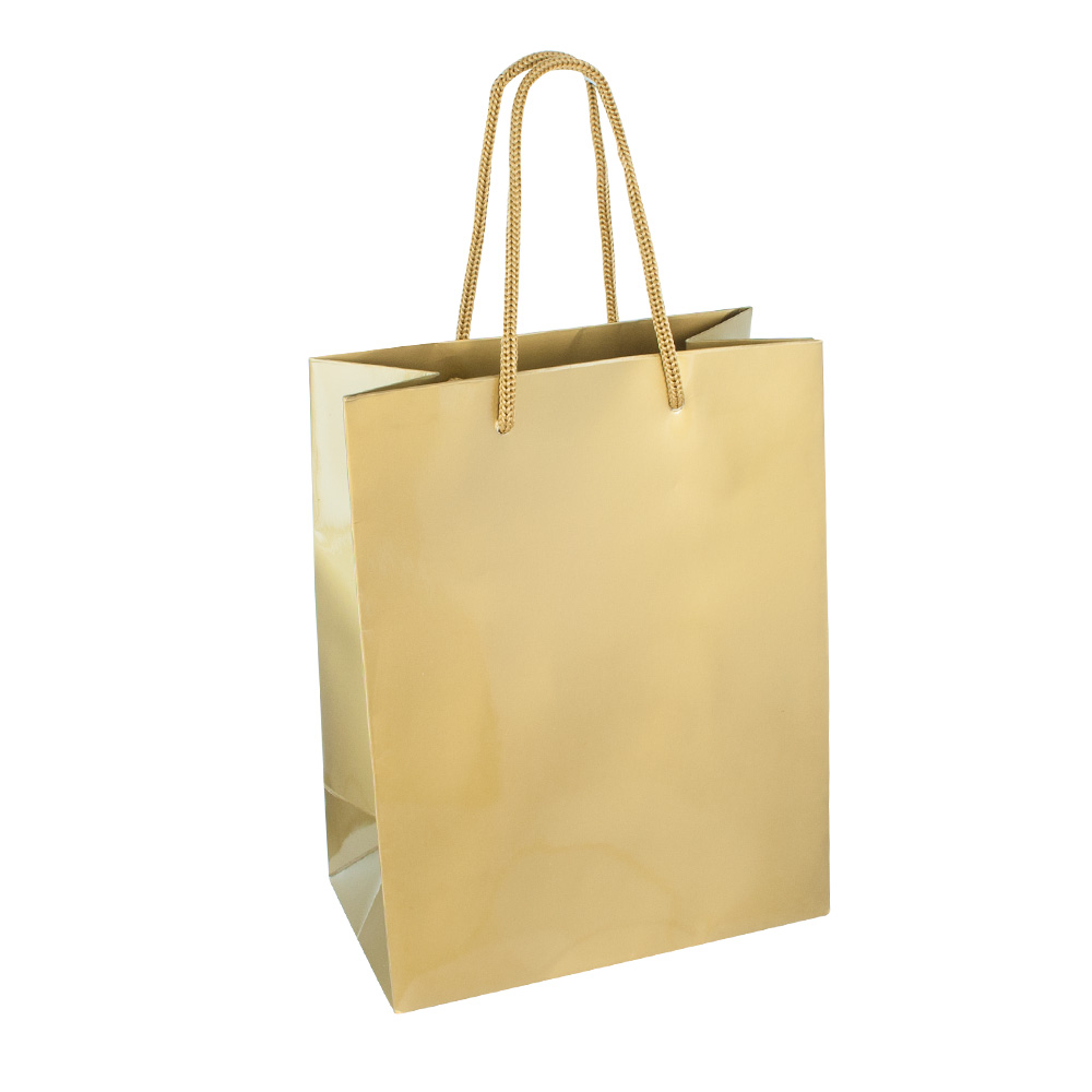 Gold coloured gloss paper boutique bags, 18 x 10 x 22.7 cm H, 190 g