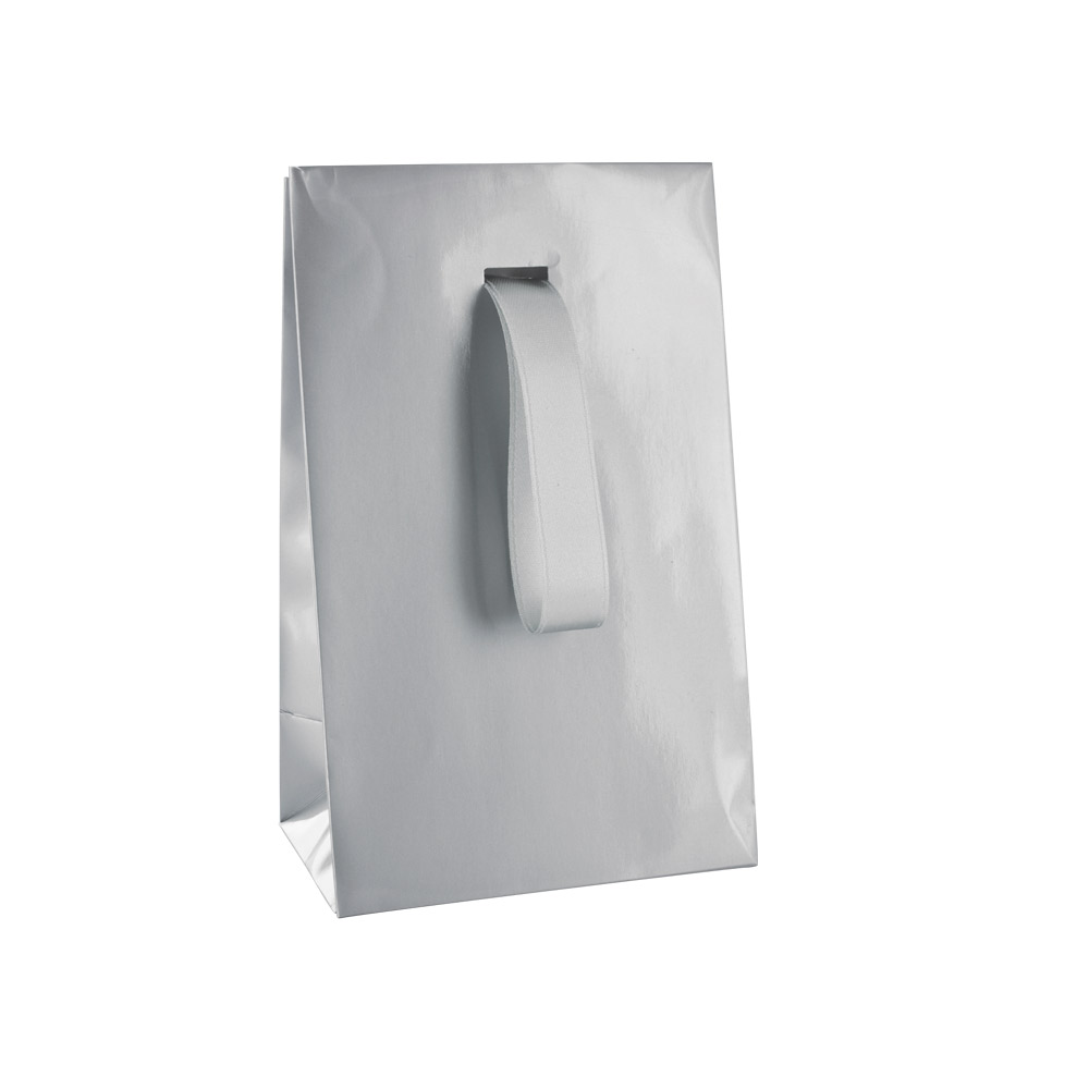 Grey laminated paper stand up bags with silver ribbon, 170 g - 10 x 6.5 x 16 cm tall