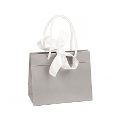 Grey matt paper carrrier bags, white ribbon, 24 x 10 x 18 cm H, 165 g