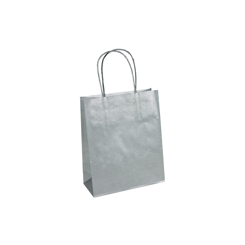 Silver coloured kraft paper carrier bags, 19 x 8 x 22cm H, 90g