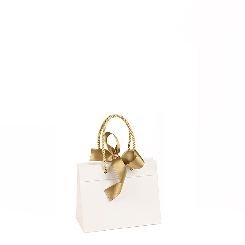 Matt finish white paper carrier bags with gold ribbon, 16 x 8 x 12 cm H, 165g