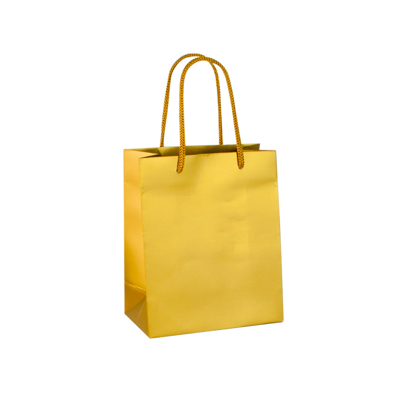 Matt gold coloured paper carrier bags, 16 x 8 x 19 cm H, 190g