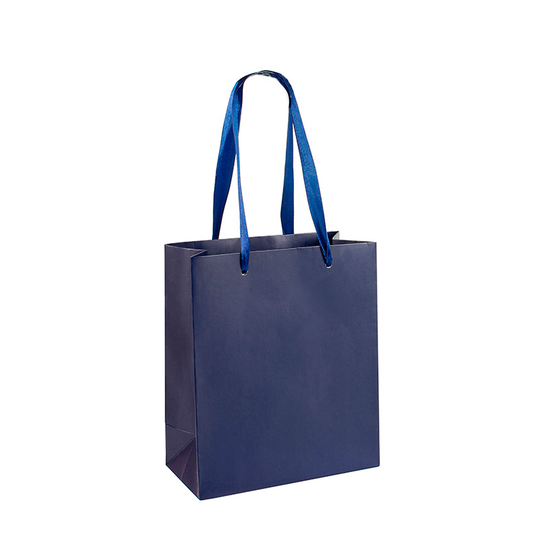 Matt finish midnight blue paper gift bag with ribbon handles, 16 x 8 x 19 cm, 190 g