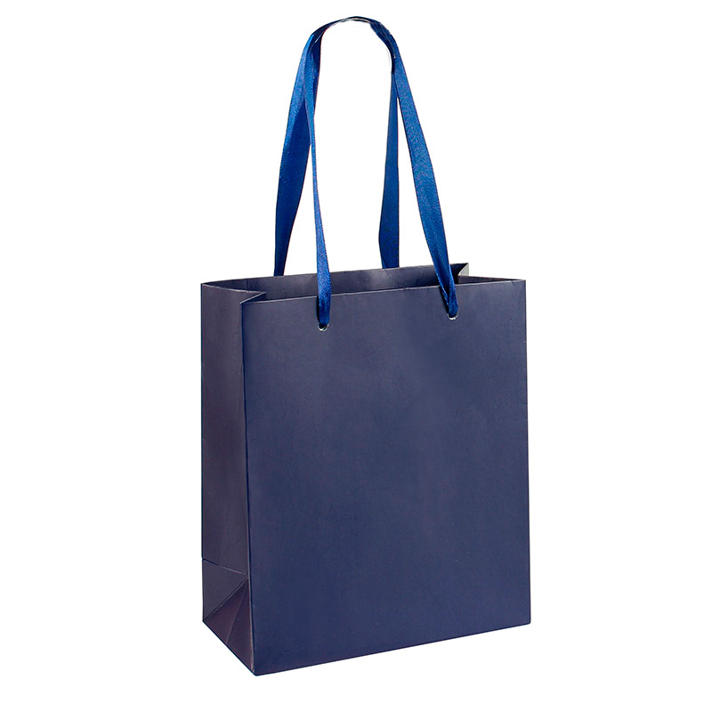 Matt finish midnight blue paper gift bag with ribbon handles, 22 x 10 x 29 cm, 190 g