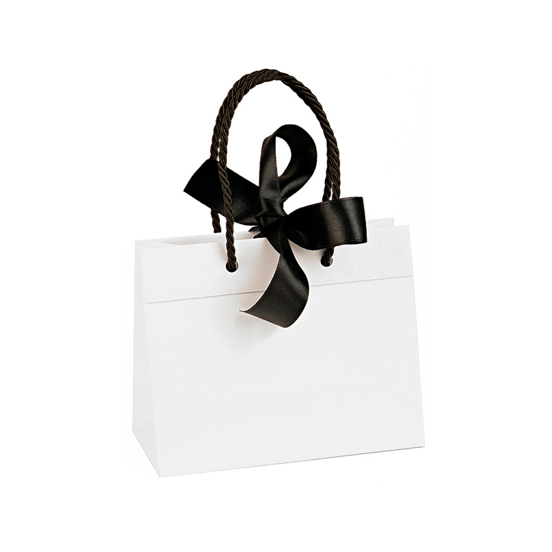 White matt paper carrrier bags, black ribbon, 24 x 10 x 18 cm H, 165 g