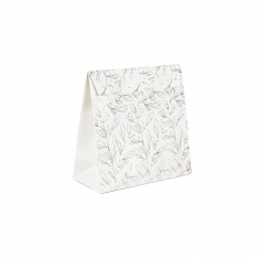 Glossy white paper pouches, silver hot foil printed botanical motifs, 18.5 x 8 x 18.5 cm tall, 190 g