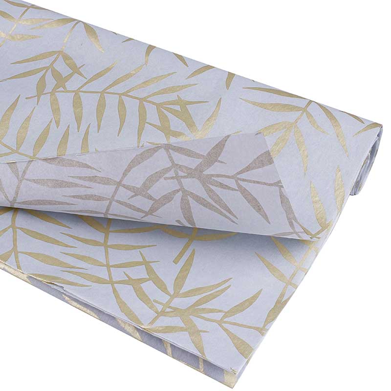 Lavendar background tissue paper with gold foliage motifs