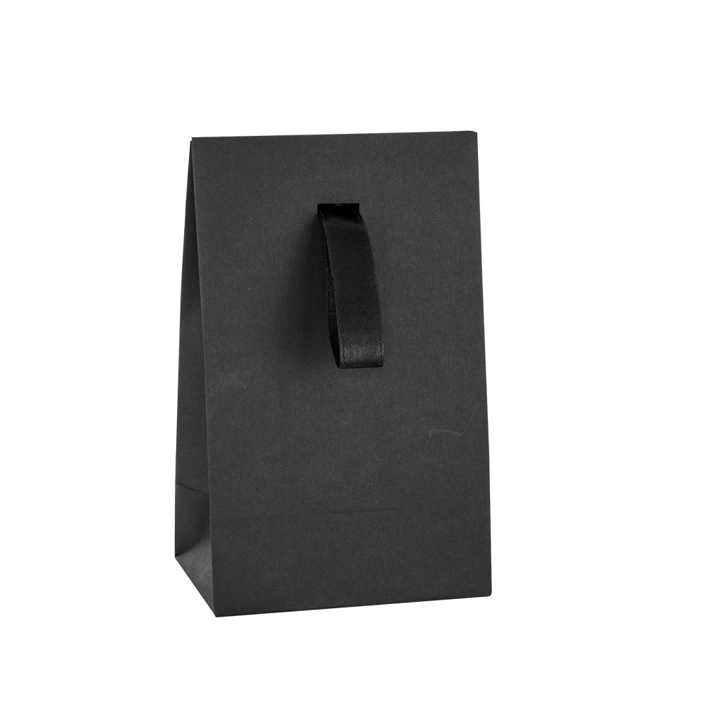 Matt black paper stand-up bags with black satin ribbon, 140 g - 10 x 6.5 x 16 cm tall