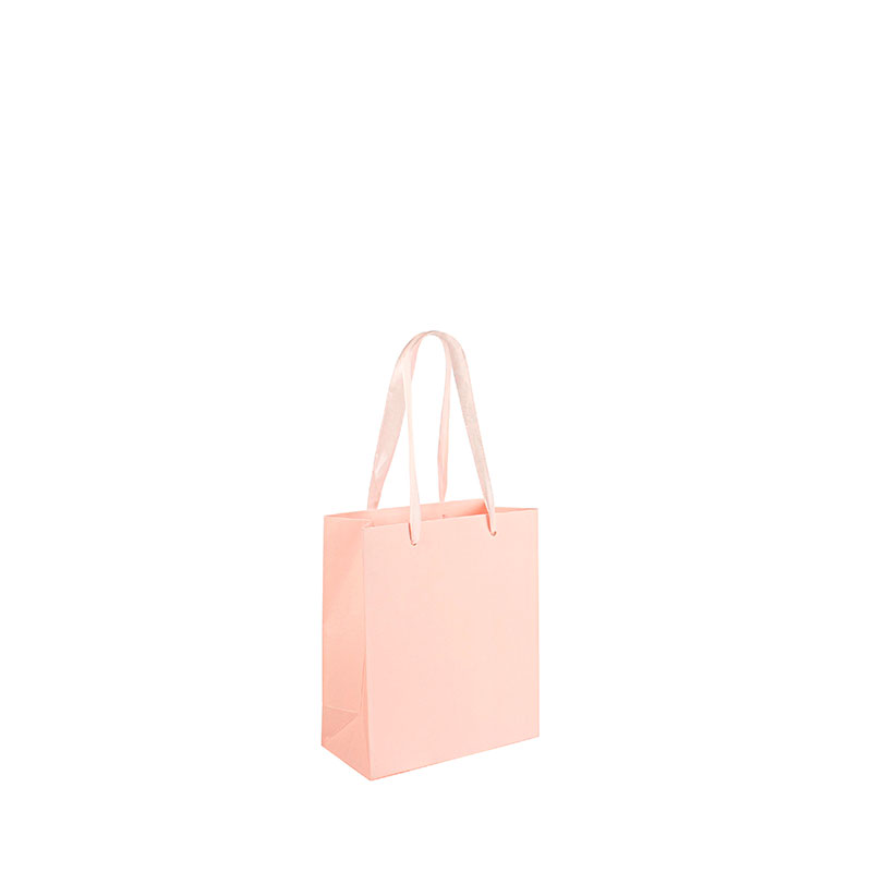 Matt finish pale pink paper gift bag with ribbon handles, 10 x 6.5 x 12 cm, 190 g