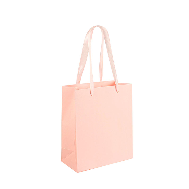 Matt finish pale pink paper gift bag with ribbon handles, 16 x 8 x 19 cm, 190 g