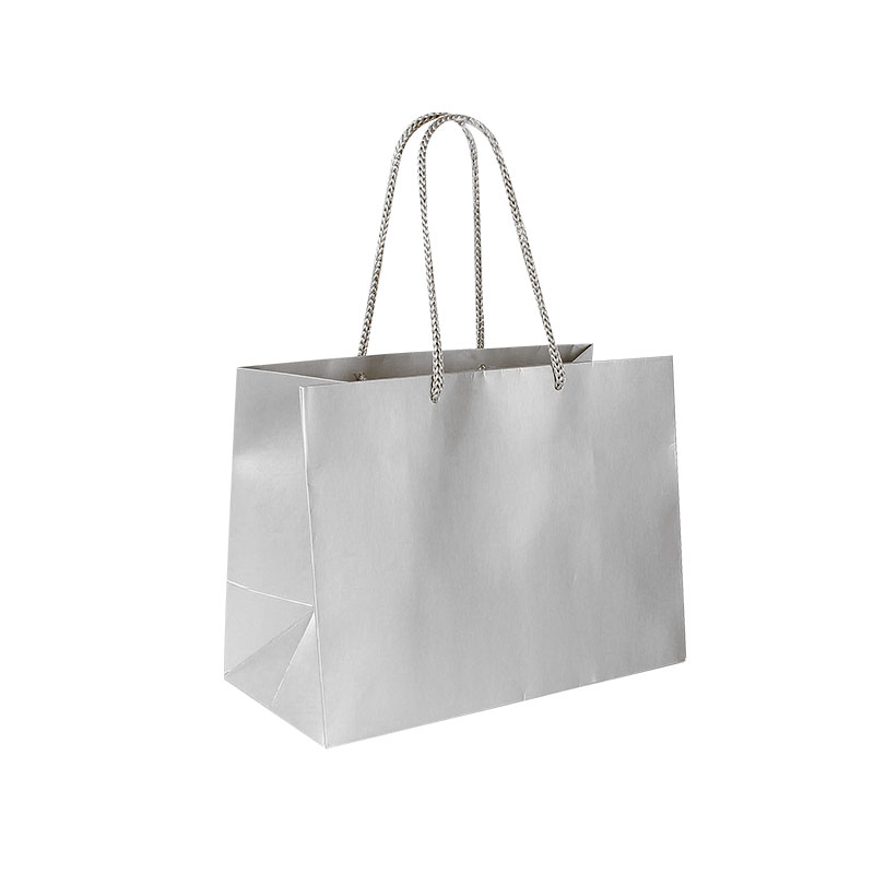Matt silver coloured paper carrier bags, 24 x 12 x 18 cm H, 190g