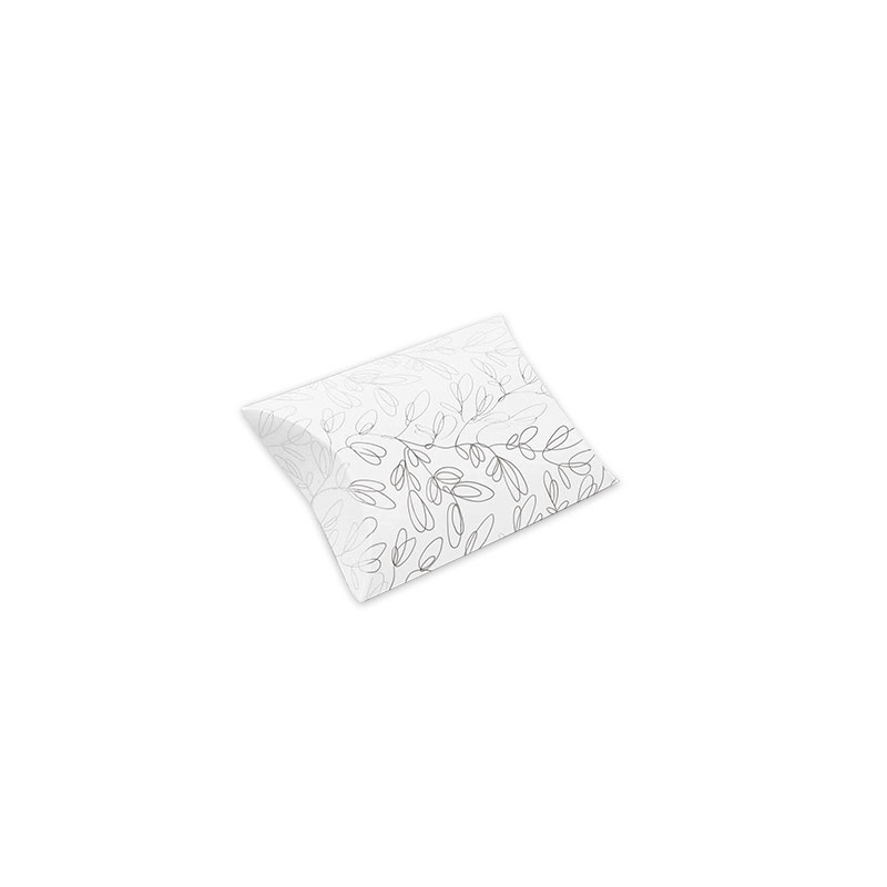 Matt white card pillow boxes with \\\'Botanical\\\' motifs - Hot-foil printed, 350g