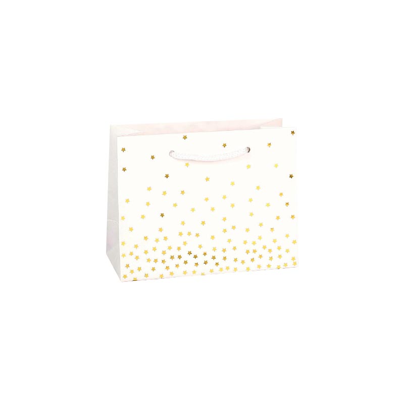 Matt white paper carrier bags with hot-foil star motifs, 14.6 x 6.4 x 11.4 cm H, 157 g