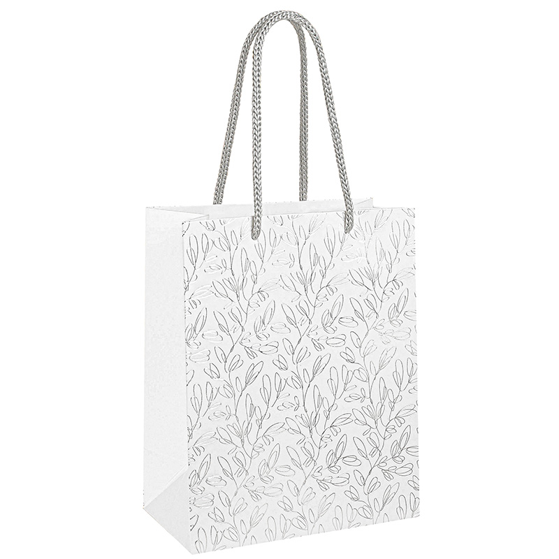 Matt white paper gift bags, hot foil printed silver foliage 18 x 10 x 22.7 cm, 190 g