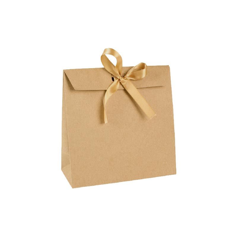 Natural kraft paper stand-up bags, gold-coloured satin ribbon tie, 200 g - 18.5 x 8 x 18.5 cm tall