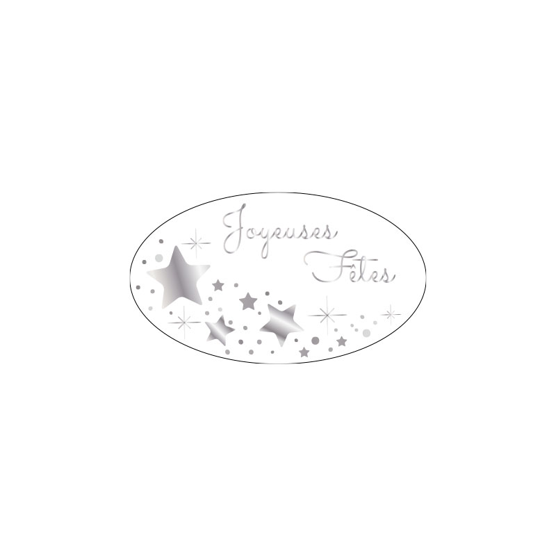 Oval adhesive gift labels with ™Joyeuses fêtes™ in white and silver (x500)