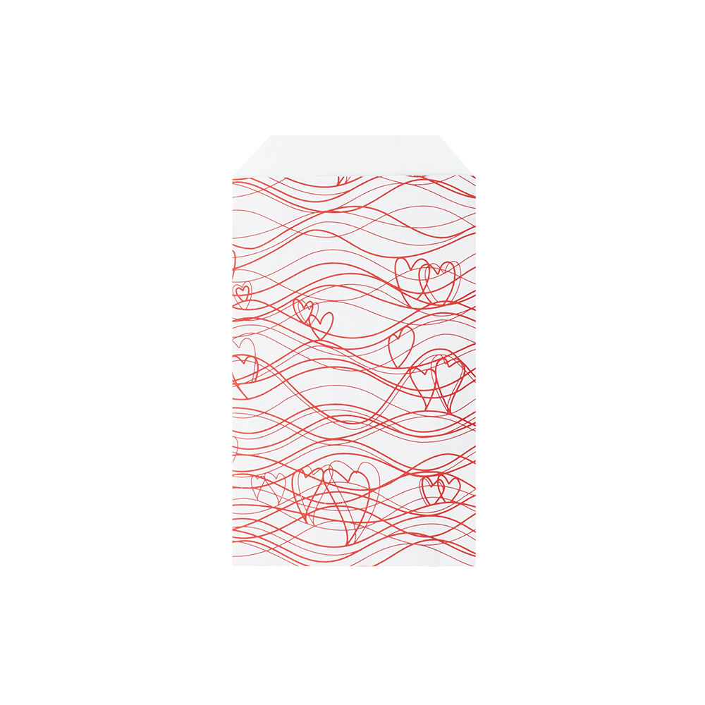 White paper sachets with red heart waves, 7 x 12 cm, 60 g (x 125)