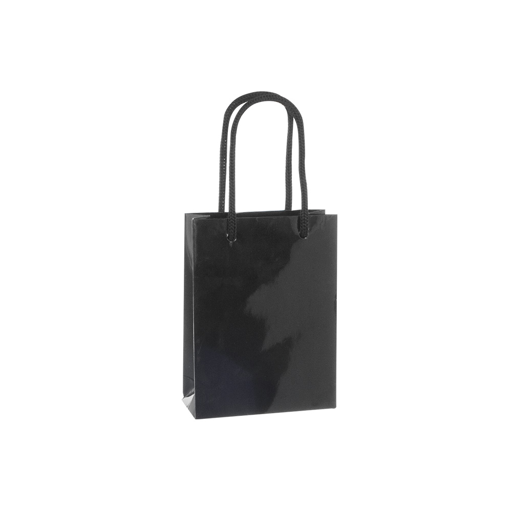 Black gloss paper boutique bags, 8.1 x 3.3 x 10.8 cm H, 190g