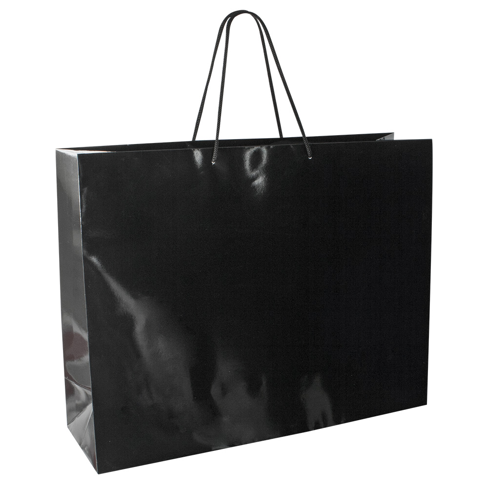 Black gloss paper boutique bags, 53 x 14 x 44 cm H, 190 g