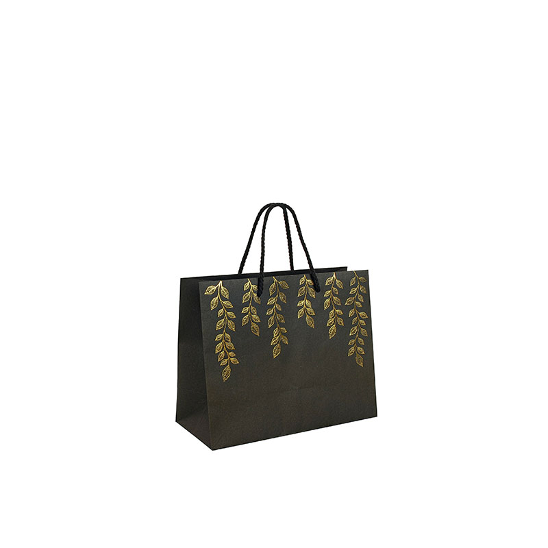 Black Kraft paper bags with gold leaves - 14.6 x 6.4 x H 11.4cm 120g