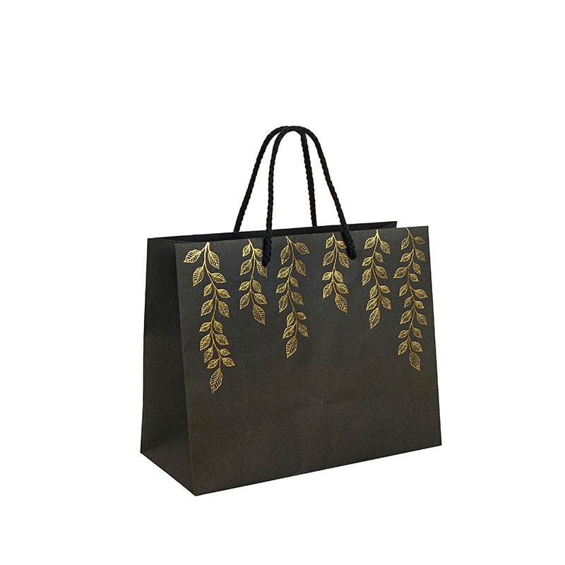 Black Kraft paper bags with gold leaves - 22.7 x 10 x H 18cm, 120g