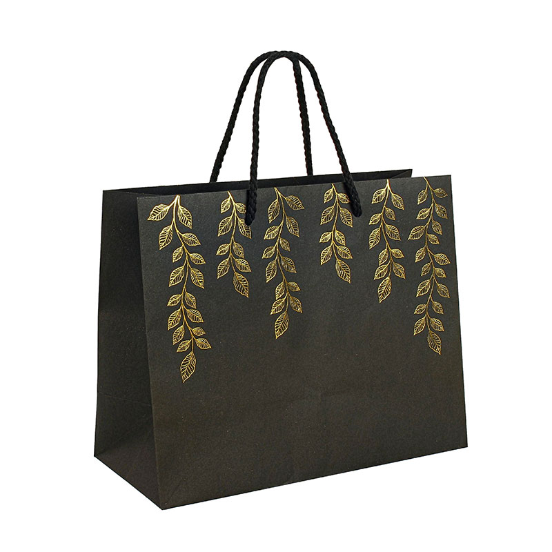 Black Kraft paper bags with gold leaves - 32.7 x 13.6 x H 26.4cm, 120g