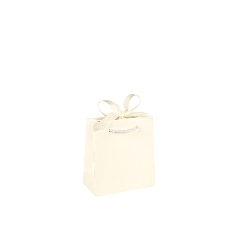 Ecru satin finish paper boutique bags, 14 x 7 x H 15cm, 210g