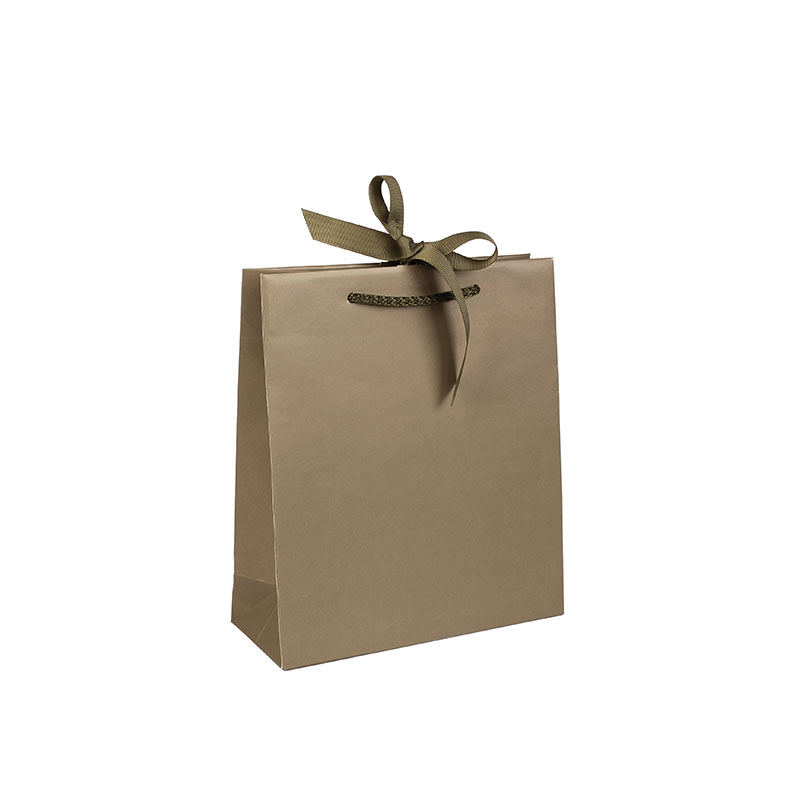 Satin finish khaki paper boutique bag with matching ribbon, 20 x 8 x H 23cm, 210g