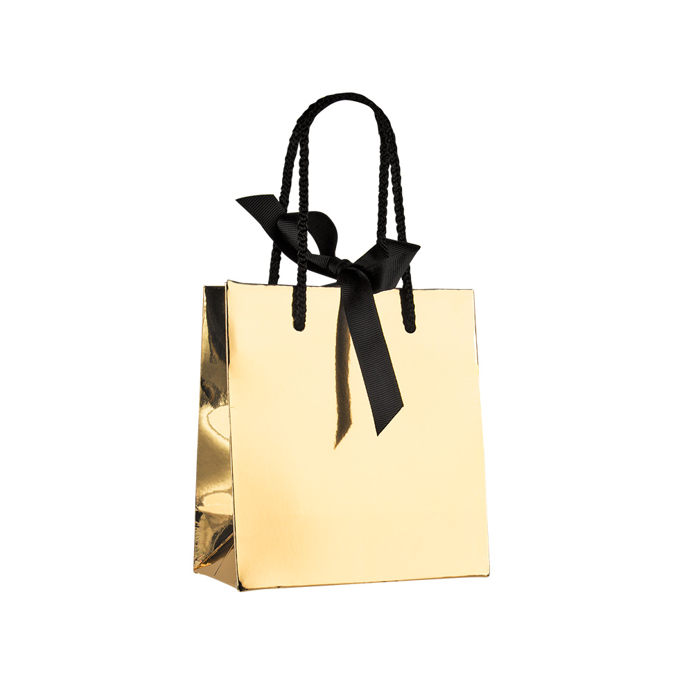 Gold mirror effect paper boutique bag with black ribbon, 14 x 7 x 15 cm, 210 g