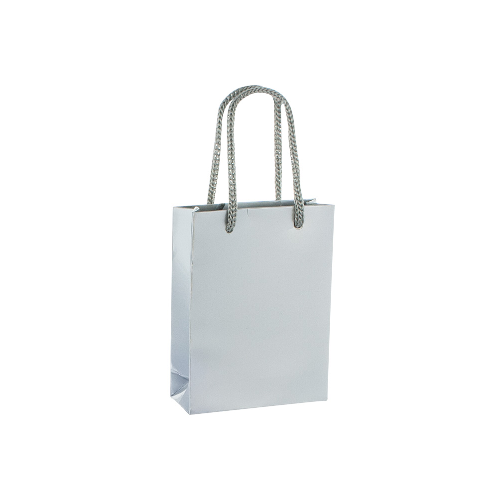 Silver coloured gloss paper boutique bags, 8.1 x 3.3 x 10.8 cm H, 190 g