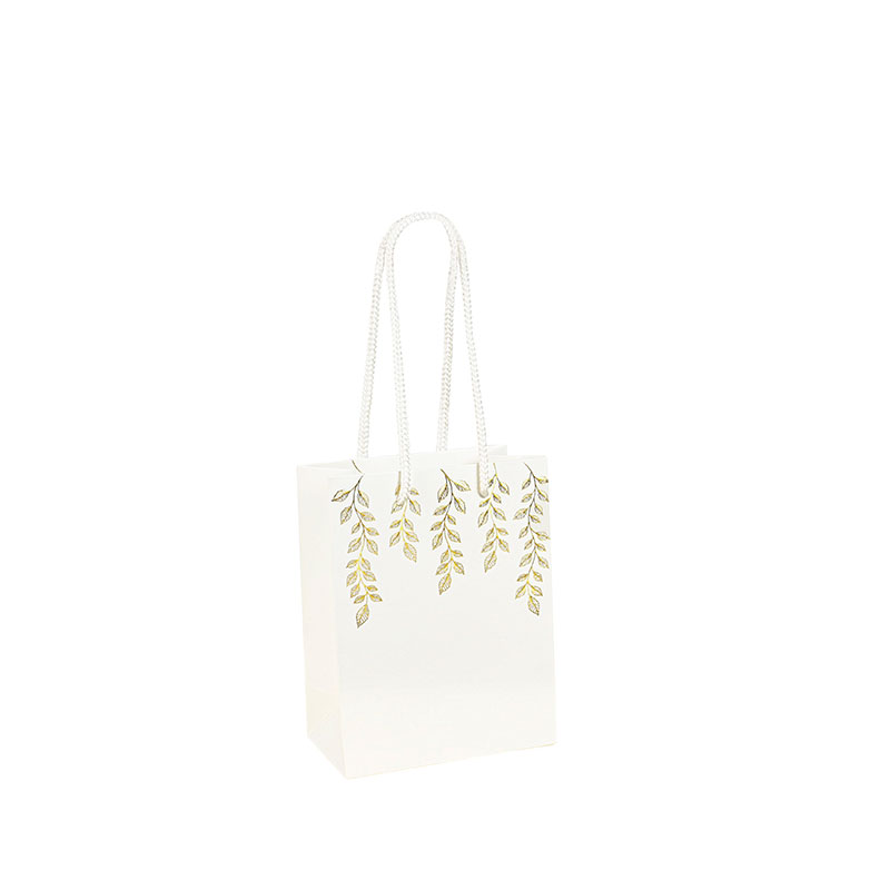 Matt white paper bags with gold leaf print, 11.4 x 6.4 x H 14.6cm, 190g