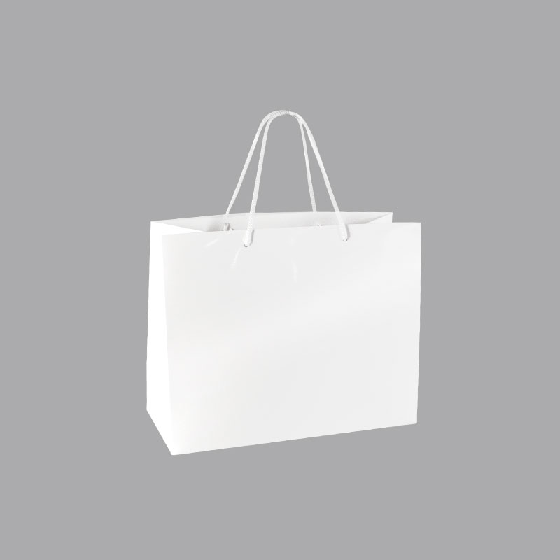 White laminated paper boutique bags, 32.7 x 13.6 x 26.4 cm H, 190g