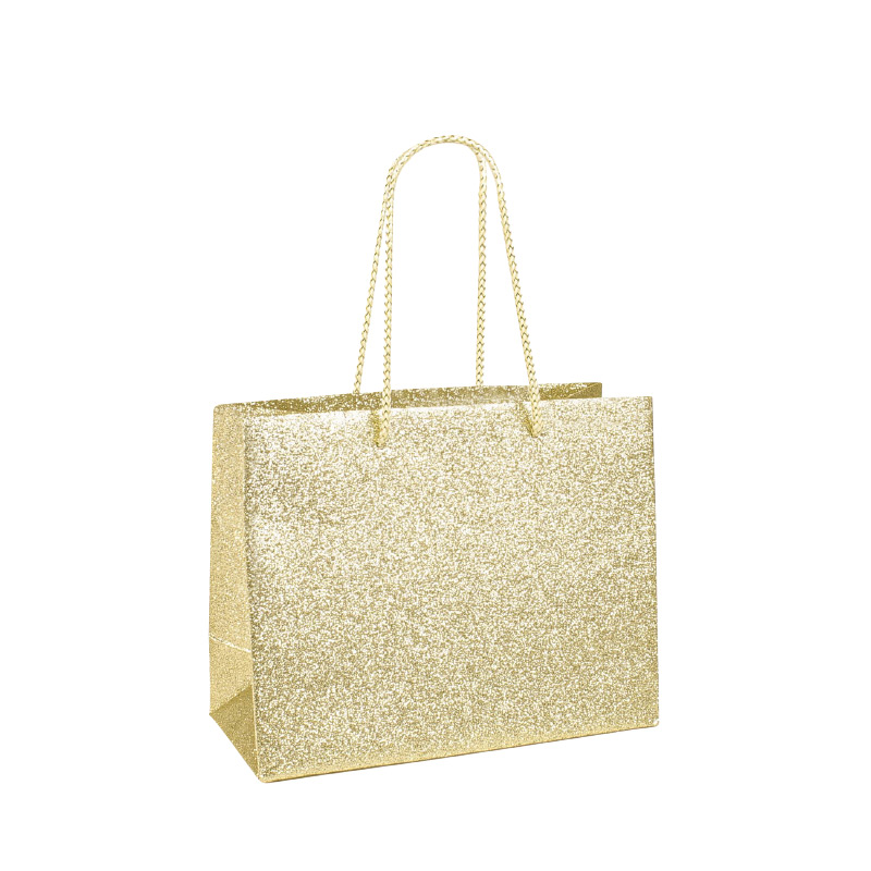 Gold-glitter finish paper gift bags 22.7 x 10 x H 18cm, 210g