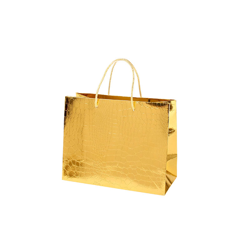 Gold mirror-effect paper crocodile boutique bags, 22.7 x 10 x 18 cm H, 190 g