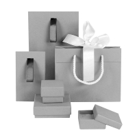 Grey matt paper carrrier bags, white ribbon, 16 x 8 x 12 cm H, 165 g