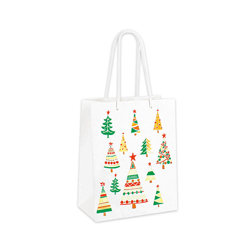 Hot-foil printed white carrier bags with Christmas tree motifs, 11.4 x 6.4 x 14.6 cm H,190 g