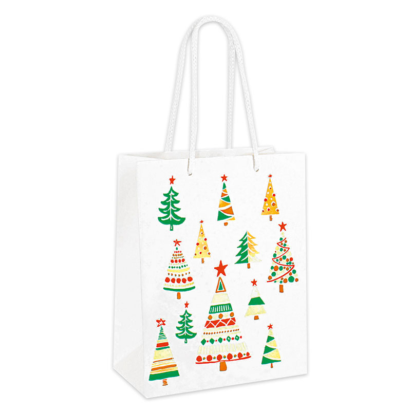 Hot-foil printed white carrier bags with Christmas tree motifs, 18 x 10 x 22.7 cm H,190 g