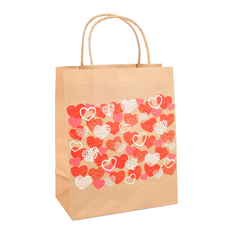 Kraft paper bags with pink and red hearts, 18 x 10 x H 22.7cm, 190g