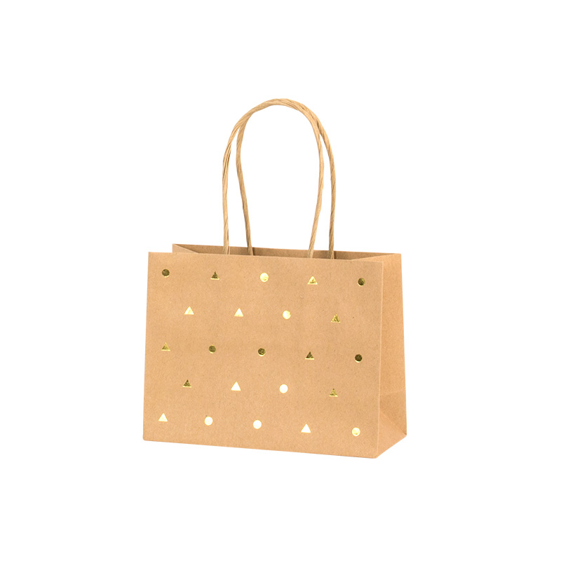 Kraft paper carrier bags with shiny gold triangle and circle details, 14.6 x 11.4 x 6.4 cm H, 120g