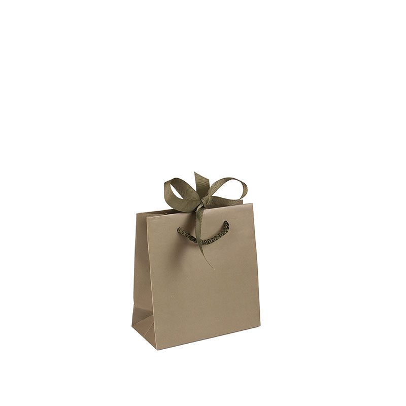 Satin finish khaki paper boutique bag with matching ribbon, 14 x 7 x H 15cm, 210g